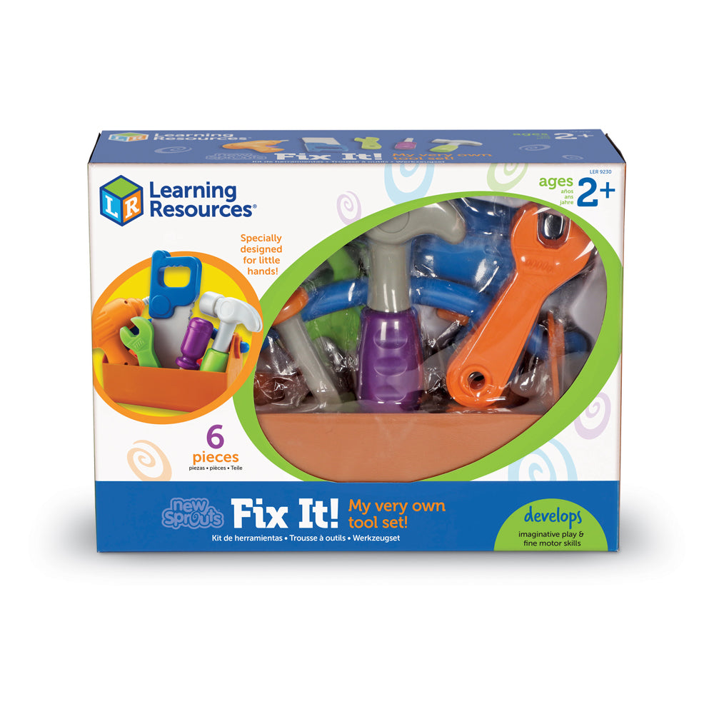Learning Resources New Sprouts Fix It! tool set with 6 colorful plastic pieces including wrench, hammer, and screwdriver, ages 2+