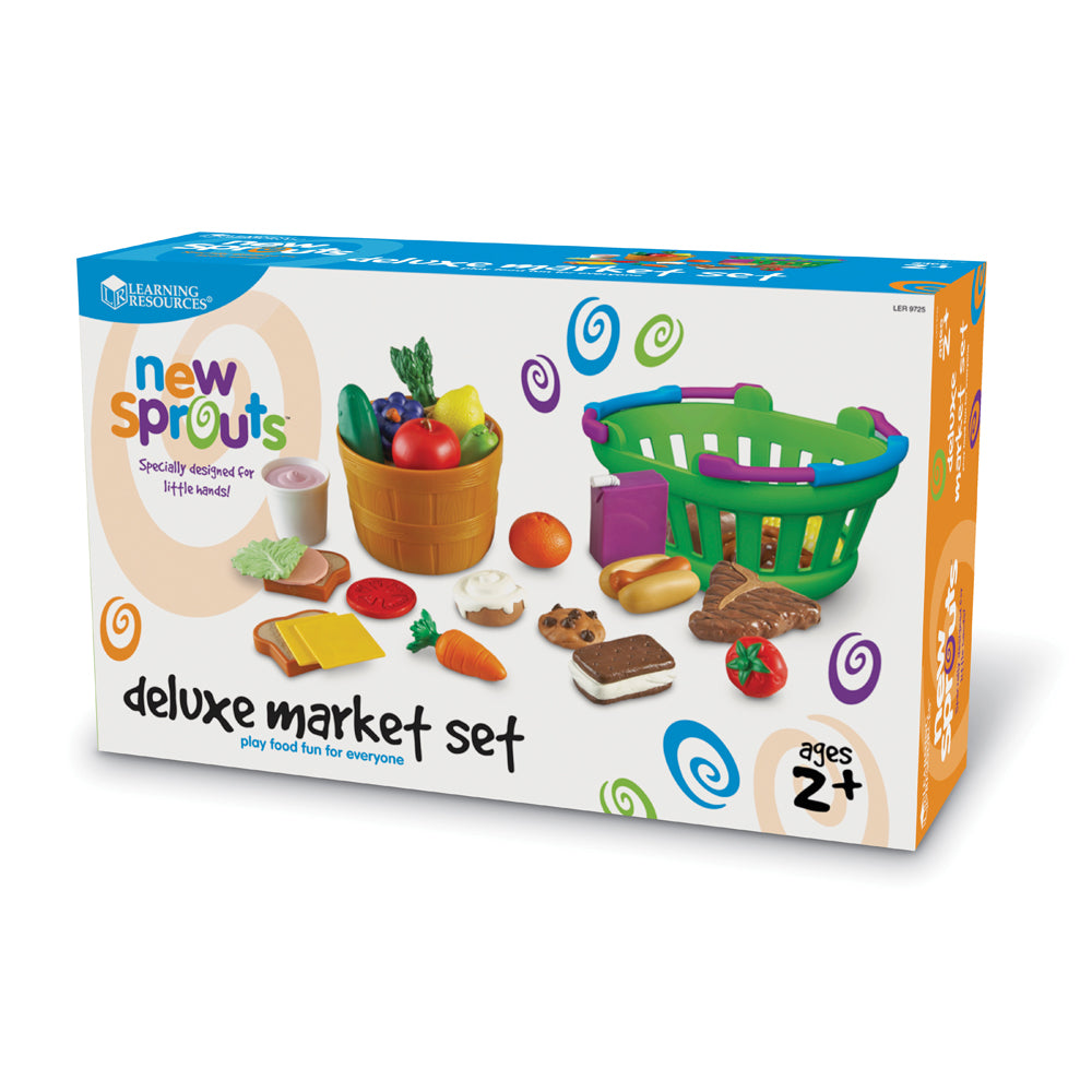 New Sprouts Deluxe Market Set by Learning Resources, featuring colorful play food items including vegetables, bread, and cookies, a wooden basket, and a green s