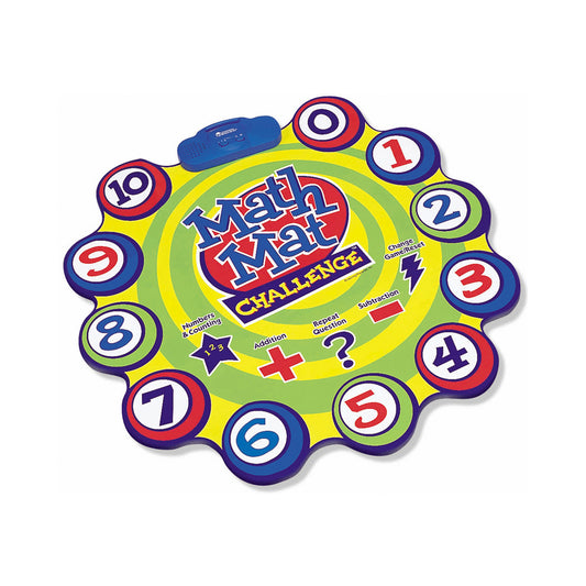 Math Mat Challenge Game with numbered buttons 1-10 arranged in a circle around center text showing addition, subtraction, and counting activities