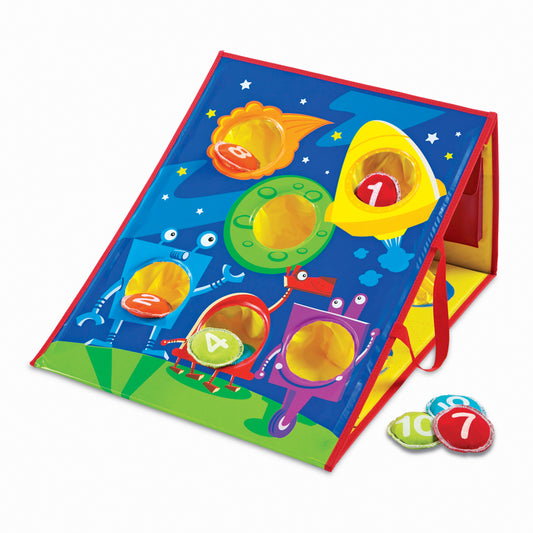 Smart Toss Active Play Set with colorful space-themed bean bag toss board featuring numbered pockets and astronaut characters, includes bean bags on plain backg