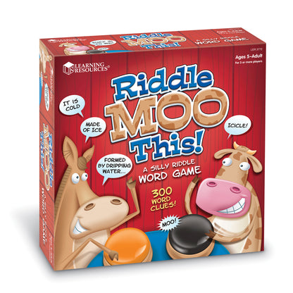 Riddle Moo This board game box featuring cartoon cows with speech bubbles containing riddle clues, ages 5 and up