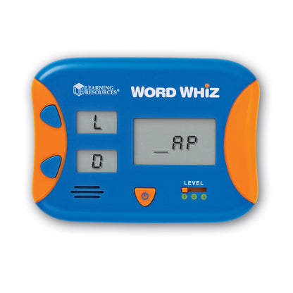 Learning Resources Word Whiz electronic flash card with blue and orange casing, displaying letter tiles and word on LCD screens