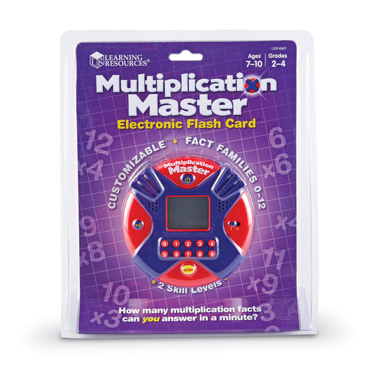 Multiplication Master Electronic Flash Card learning toy in red and blue with number pad and screen, ages 7-10, grades 2-4