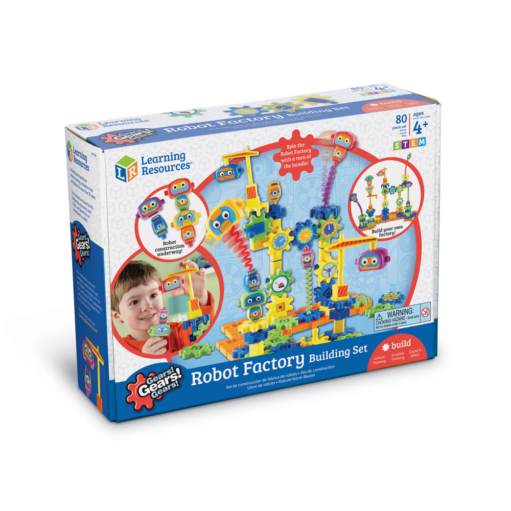 Gears! Gears! Gears! Robot Factory Building Set box showing colorful interlocking gears, robot characters, and a spinning factory structure with 80 pieces for a