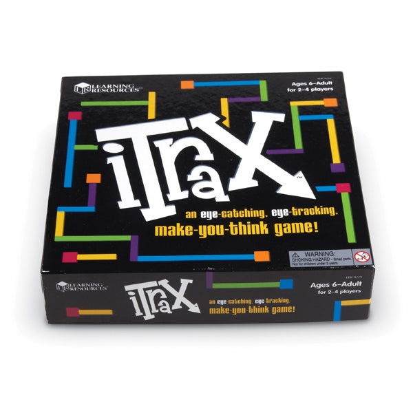 iTrax board game box featuring colorful segmented border design and white logo text on black background