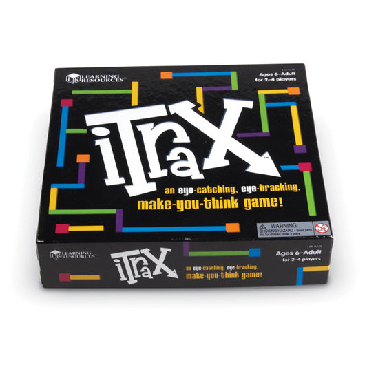 iTrax board game box featuring colorful segmented border design and white logo text on black background