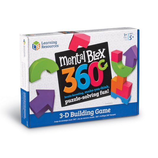 Mental Blox 360 3-D Building Game box by Learning Resources featuring colorful interlocking puzzle pieces in pink, purple, orange, and blue on white background