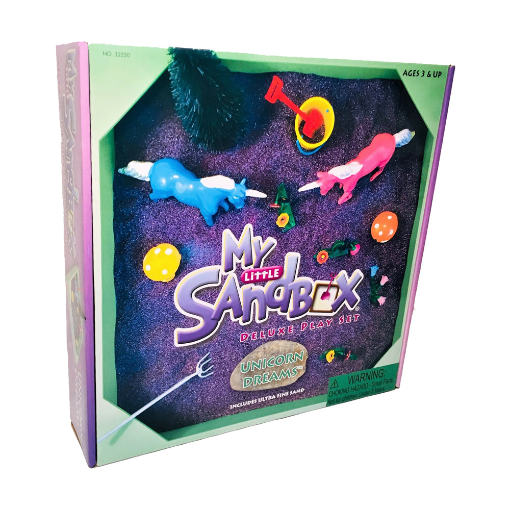 My Little Sandbox Deluxe Play Set Unicorn Dreams in packaging, featuring purple glitter sand, blue and pink unicorn figurines, cloud accessories, and colorful p
