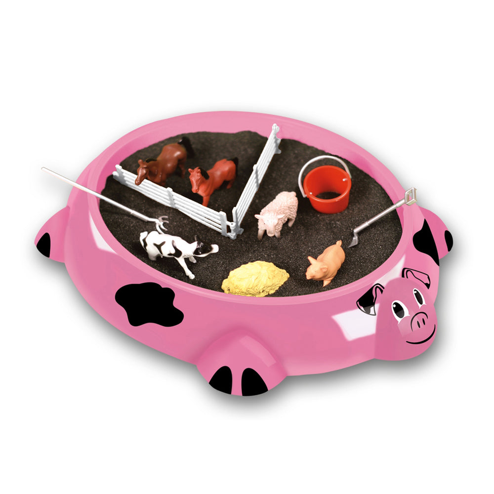Piggy Farm Sandbox Critters pink pig-shaped tabletop play set with farm animals and accessories