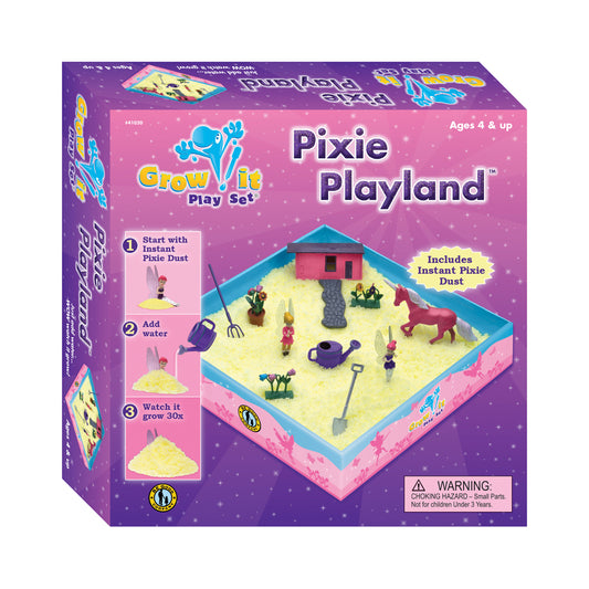 Pixie Playland Grow It Play Set box showing purple packaging with pink sand garden playset containing tiny figurines, plants, and garden accessories, ages 4 and