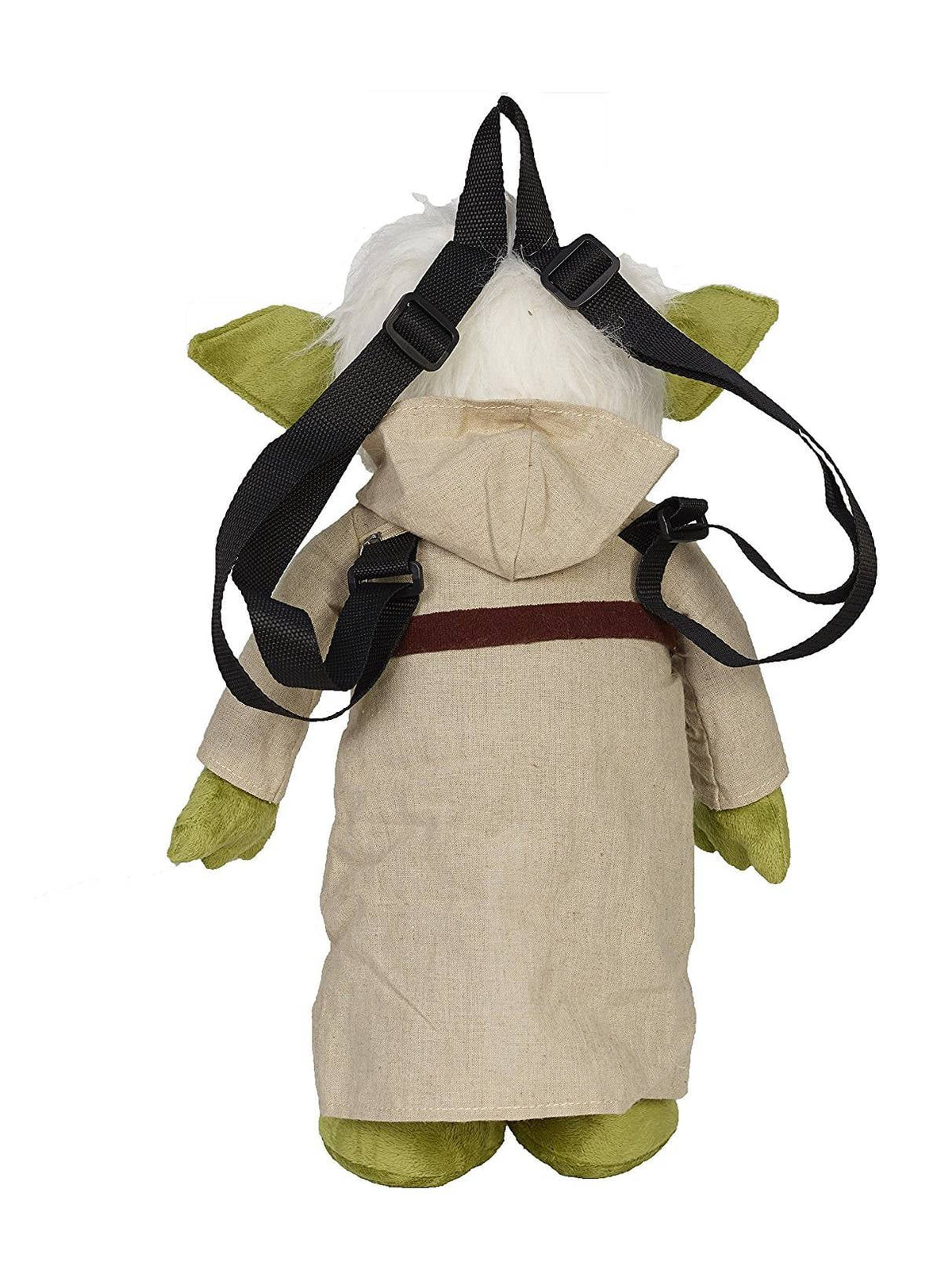 Yoda plush backpack with white hair, green ears, beige tunic, brown belt, and black shoulder straps