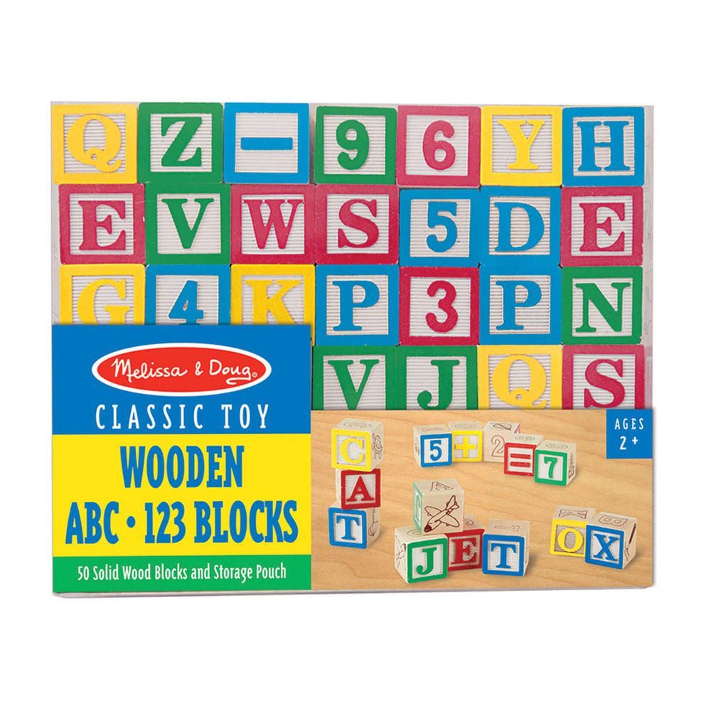 Melissa & Doug Wooden ABC/123 Blocks set showing colorful wooden blocks with letters and numbers on package front and loose blocks arranged on wood surface