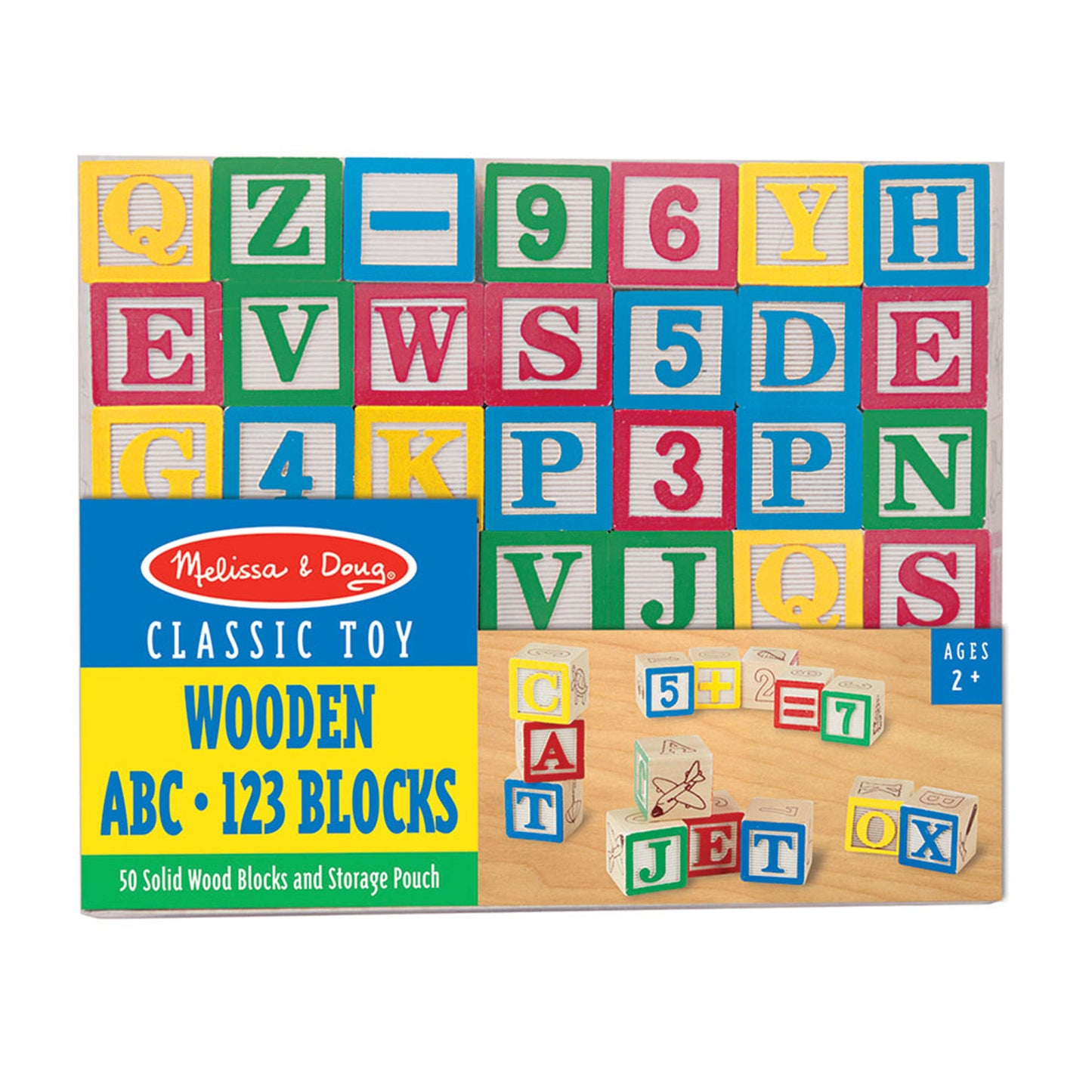 Melissa & Doug Wooden ABC/123 Blocks set showing colorful wooden blocks with letters and numbers on package front and loose blocks arranged on wood surface