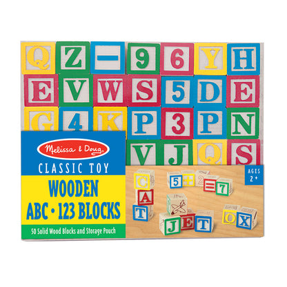 Melissa & Doug Wooden ABC/123 Blocks set showing colorful wooden blocks with letters and numbers on package front and loose blocks arranged on wood surface