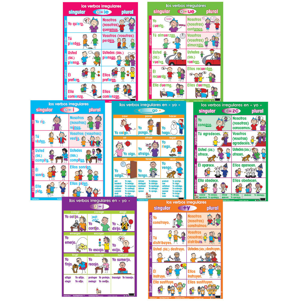 Seven colorful educational posters showing Spanish irregular verbs conjugations with illustrated examples of people using singular and plural forms