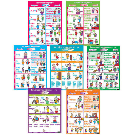Seven colorful educational posters showing Spanish irregular verbs conjugations with illustrated examples of people using singular and plural forms