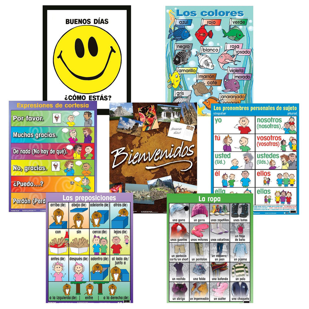 Collection of Spanish language educational posters including greetings, colors, pronouns, clothing, and basic phrases with illustrations