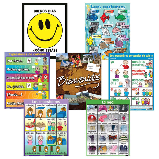 Collection of Spanish language educational posters including greetings, colors, pronouns, clothing, and basic phrases with illustrations