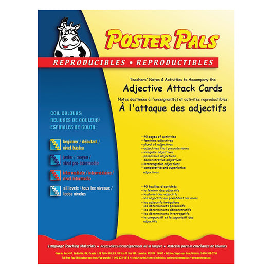 Poster Pals Reproducibles package cover featuring a cartoon cow, yellow and blue design, with text describing French adjective vocabulary teaching cards and act