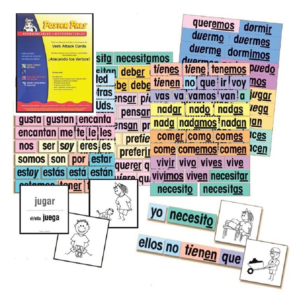 Poster Pals Spanish Verb & Vocabulary Learning Flashcards Set with colorful cards showing Spanish verbs and vocabulary words, instruction poster, and illustrate