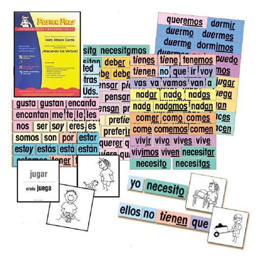Poster Pals Spanish Verb & Vocabulary Learning Flashcards Set with colorful cards showing Spanish verbs and vocabulary words, instruction poster, and illustrate