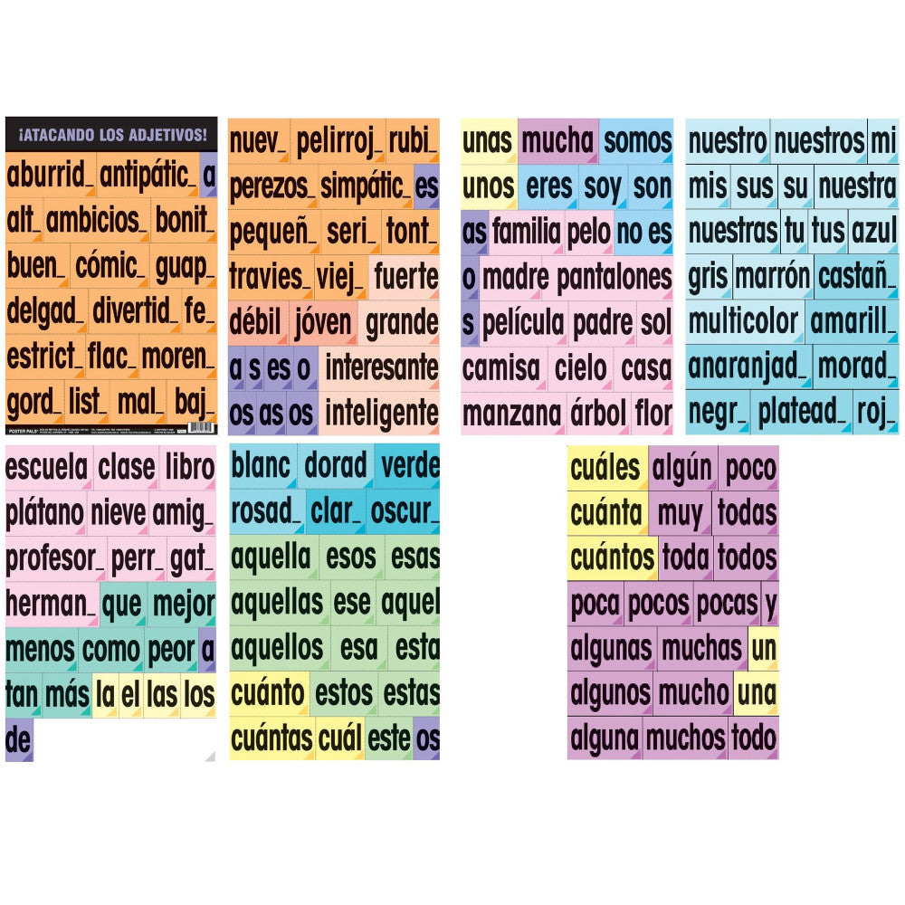 ¡ATACANDO LOS ADJETIVOS! Spanish adjective vocabulary teaching set with 159 laminated cards displaying adjectives, pronouns, and descriptive words in colored gr