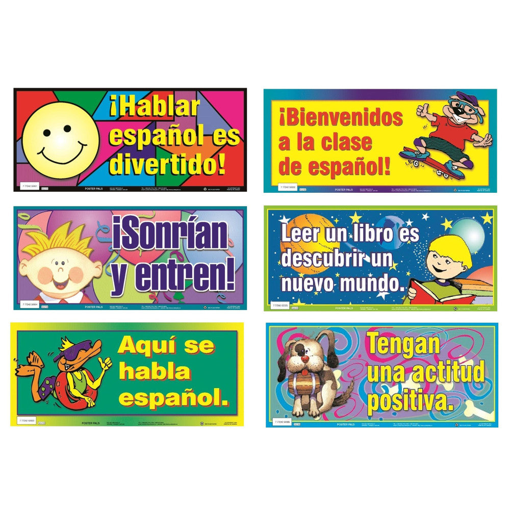 Set of 6 Spanish language educational posters with colorful illustrations and motivational phrases including smiley face, cartoon characters, and child reading