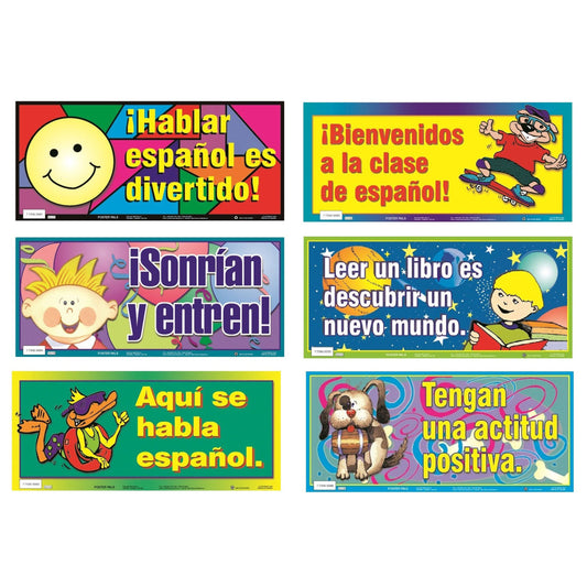 Set of 6 Spanish language educational posters with colorful illustrations and motivational phrases including smiley face, cartoon characters, and child reading