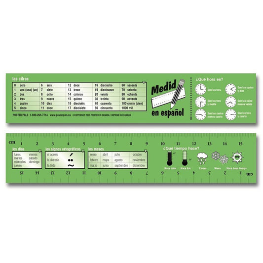 Two green Spanish vocabulary learning bookmarks showing numbers, days, months, weather, time, measurements, and orthographic signs with ruler measurements and c