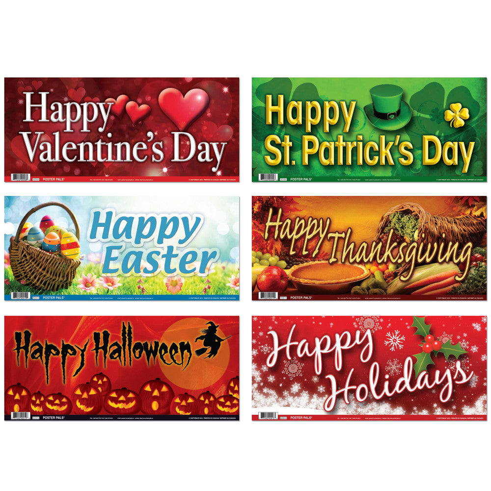 Six seasonal holiday posters featuring Valentine's Day, St. Patrick's Day, Easter, Thanksgiving, Halloween, and Happy Holidays designs with festive graphics and