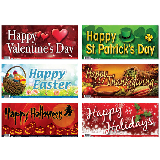 Six seasonal holiday posters featuring Valentine's Day, St. Patrick's Day, Easter, Thanksgiving, Halloween, and Happy Holidays designs with festive graphics and