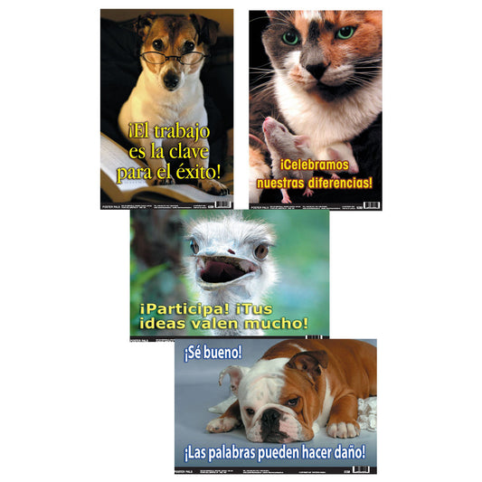 Four Spanish language educational posters featuring animals with motivational text: dog wearing glasses saying "El trabajo es la clave para el éxito!", cat with