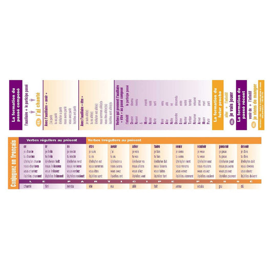 French verb conjugation reference chart showing regular and irregular present tense verbs in a colorful tabular format with purple, gold, and cream sections