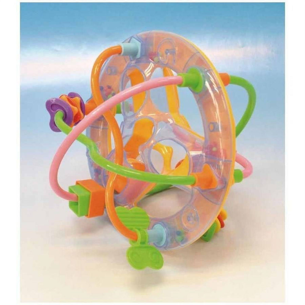 Colorful transparent activity orb with bright orange, green, and pink curved handles and beads that move along looped wire paths inside