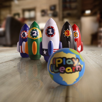Five numbered rocket-shaped bowling pins in blue, green, white, black, and red with colorful details, and a globe-patterned bowling ball labeled 'play learn' on