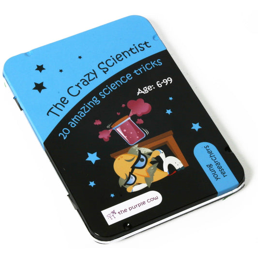 The Crazy Scientist 20 amazing science tricks kit box for ages 6-99, featuring blue and black packaging with star graphics and illustrated science experiment im