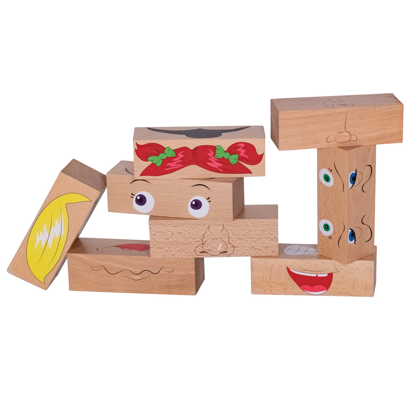 Wooden blocks with illustrated faces showing different emotions—happy, sad, surprised, and thoughtful—stacked and arranged to create an emotional learning toy