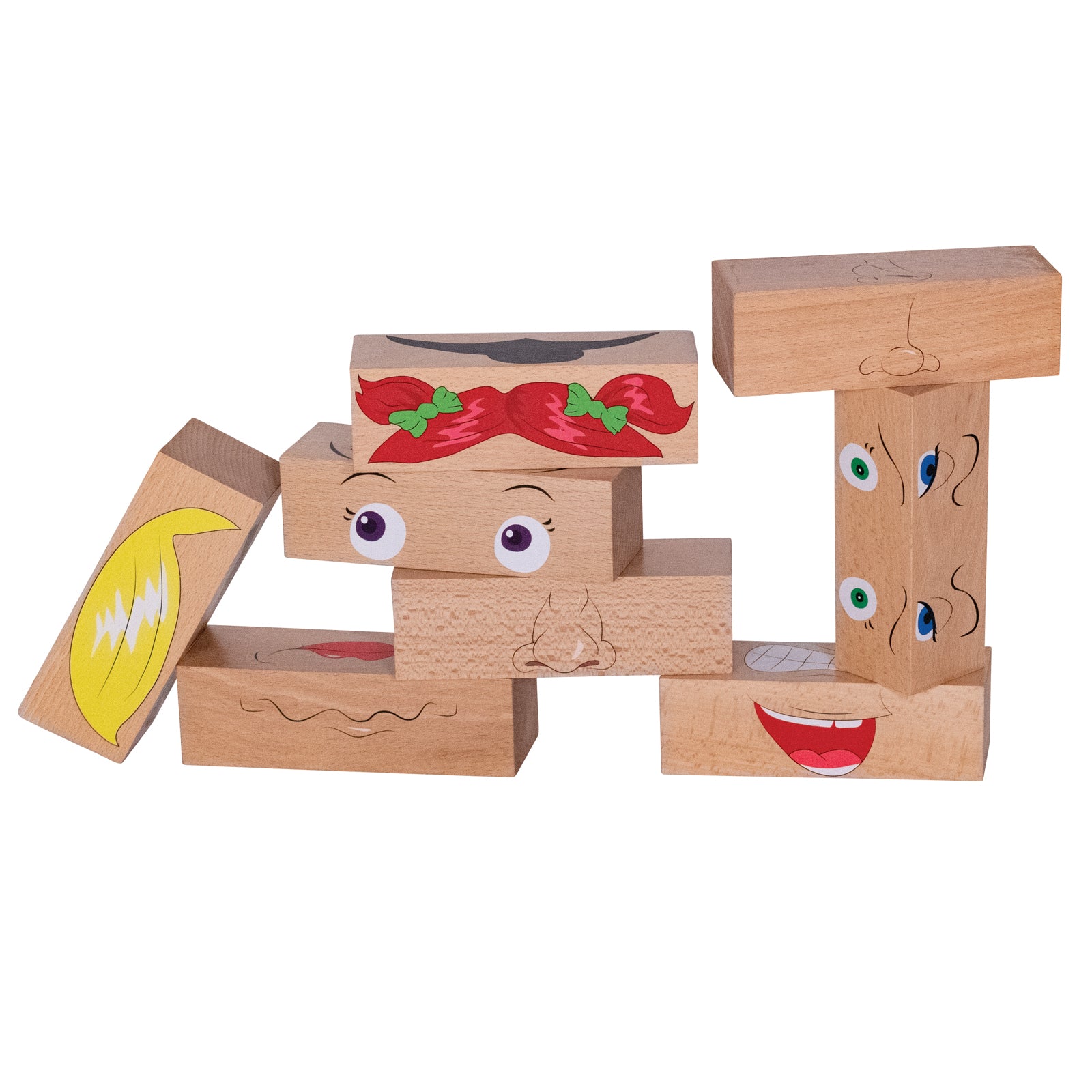 Wooden blocks with illustrated faces showing different emotions—happy, sad, surprised, and thoughtful—stacked and arranged to create an emotional learning toy