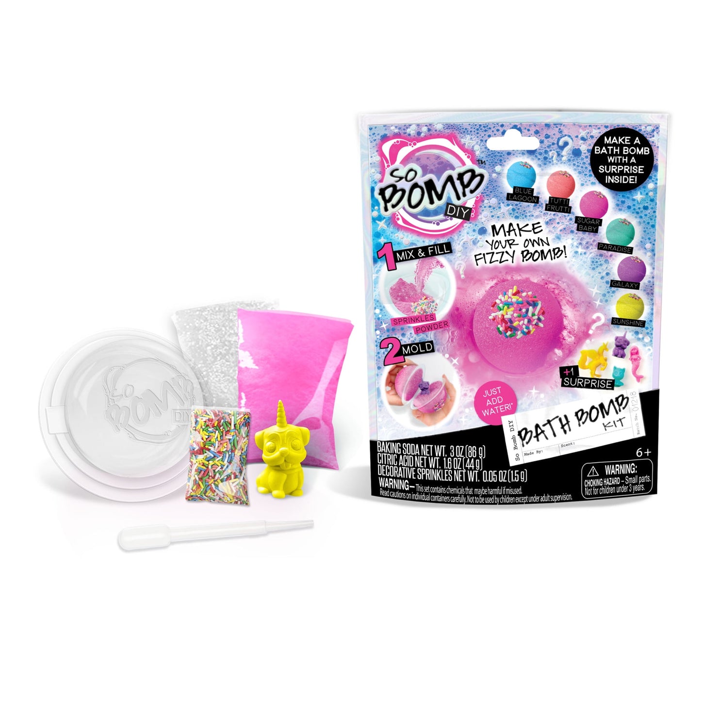 So Bomb DIY bath bomb kit with packaging showing mold, colorful powder, sprinkles, yellow surprise toy, and finished pink fizzy bath bomb example