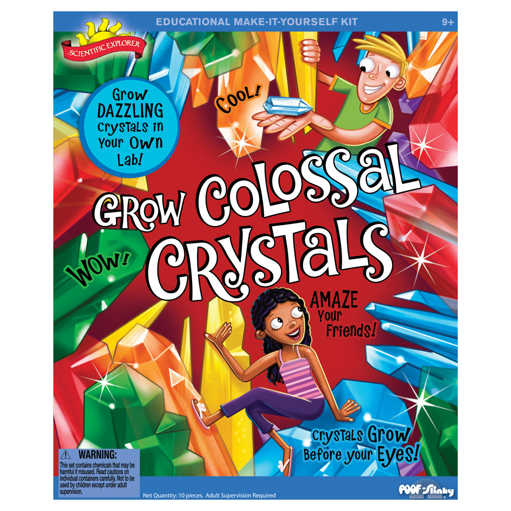 Scientific Explorer Grow Colossal Crystals educational kit box showing two children with colorful oversized crystals, age 9+