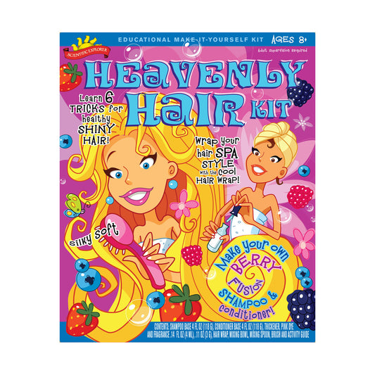 Scientific Explorer Heavenly Hair Kit box featuring illustrated girl with long blonde hair, fruit graphics, and text about learning hair care tricks and making