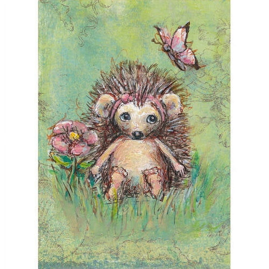 Illustrated hedgehog with spiky quills surrounded by pink flowers and butterflies on green textured background
