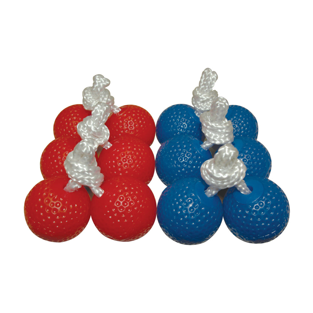 Ladderball bola set with red and blue rope-and-ball tosses with silver rope handles, shown on white background