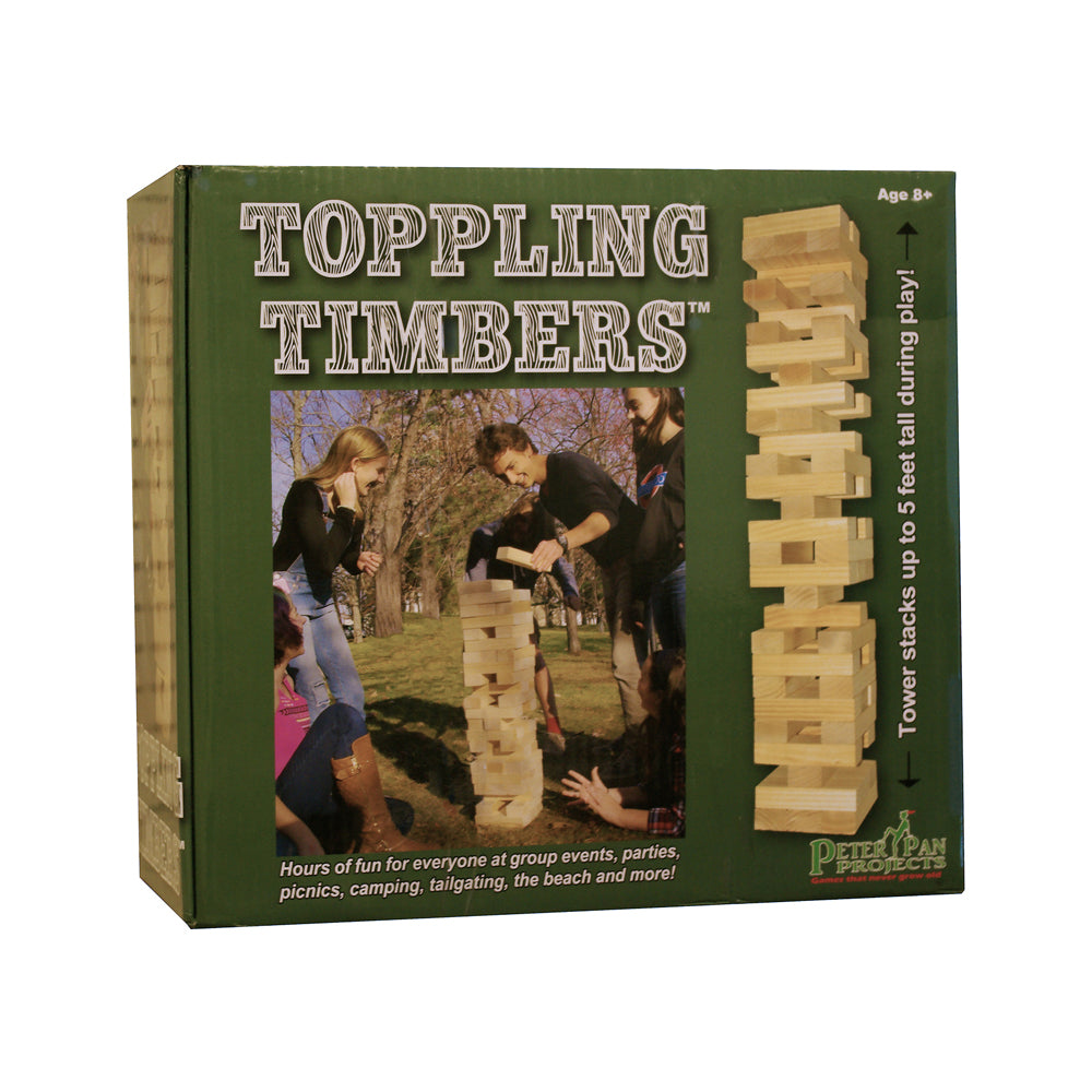 Toppling Timbers Giant Block Tower Game box showing wooden blocks stacked in tower formation, modeled by children playing outdoors