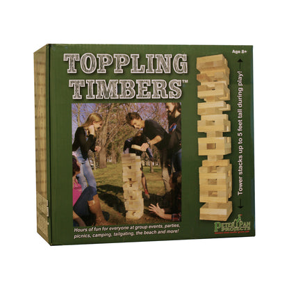 Toppling Timbers Giant Block Tower Game box showing wooden blocks stacked in tower formation, modeled by children playing outdoors