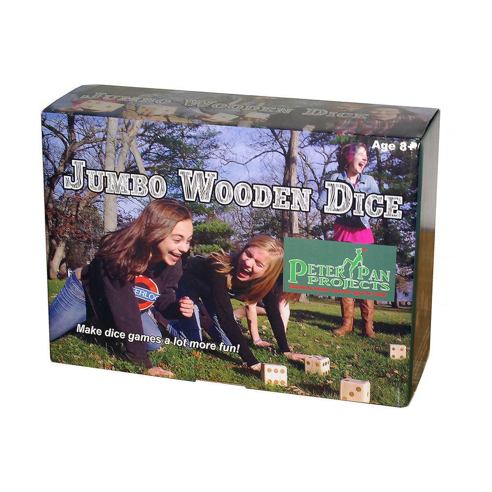 Jumbo Wooden Dice game set box showing children playing outdoors with oversized dice on grass, Peter Pan Projects branding visible, Age 8+