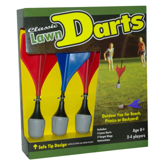 Classic Lawn Darts game set with three darts featuring red and blue fabric tails and weighted bases, two target rings, displayed on packaging showing outdoor pl