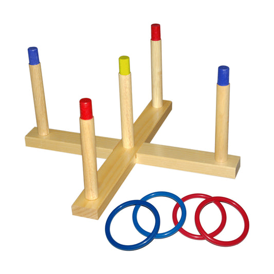 Classic ring toss game with wooden base, five colored pegs with blue and red tops, and four tossing rings in blue and red