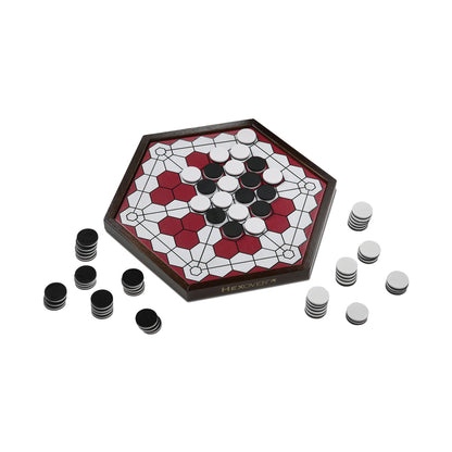 HEXOVER strategy board game with hexagonal grid board in red, black and white, showing game pieces in play and additional black and white disks arranged beside