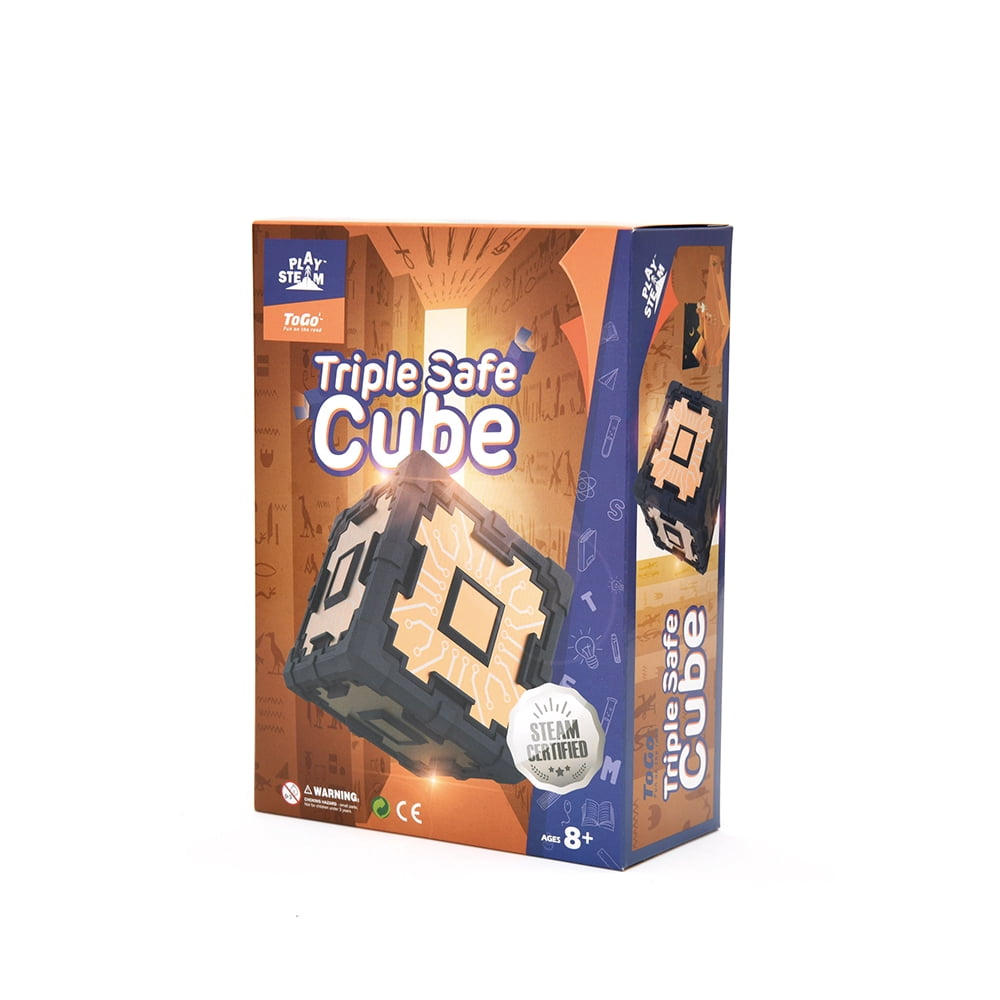 PlaySTEAM Triple Safe Cube STEM puzzle box with combination lock, featuring black and tan pixelated design on orange and blue packaging, ages 8+